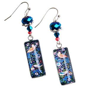 William Morris Bird Strawberry Thief Art Nouveau Blue Cabochon Handmade Earrings